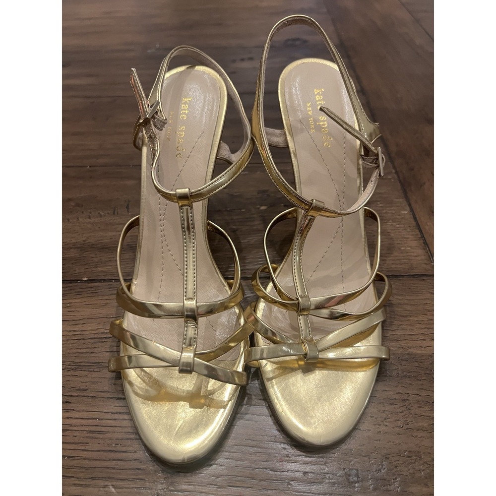 KATE SPADE Women's Sz 8.5 B Metallic Gold Leather Ankle Strap Pumps Heel Sandals